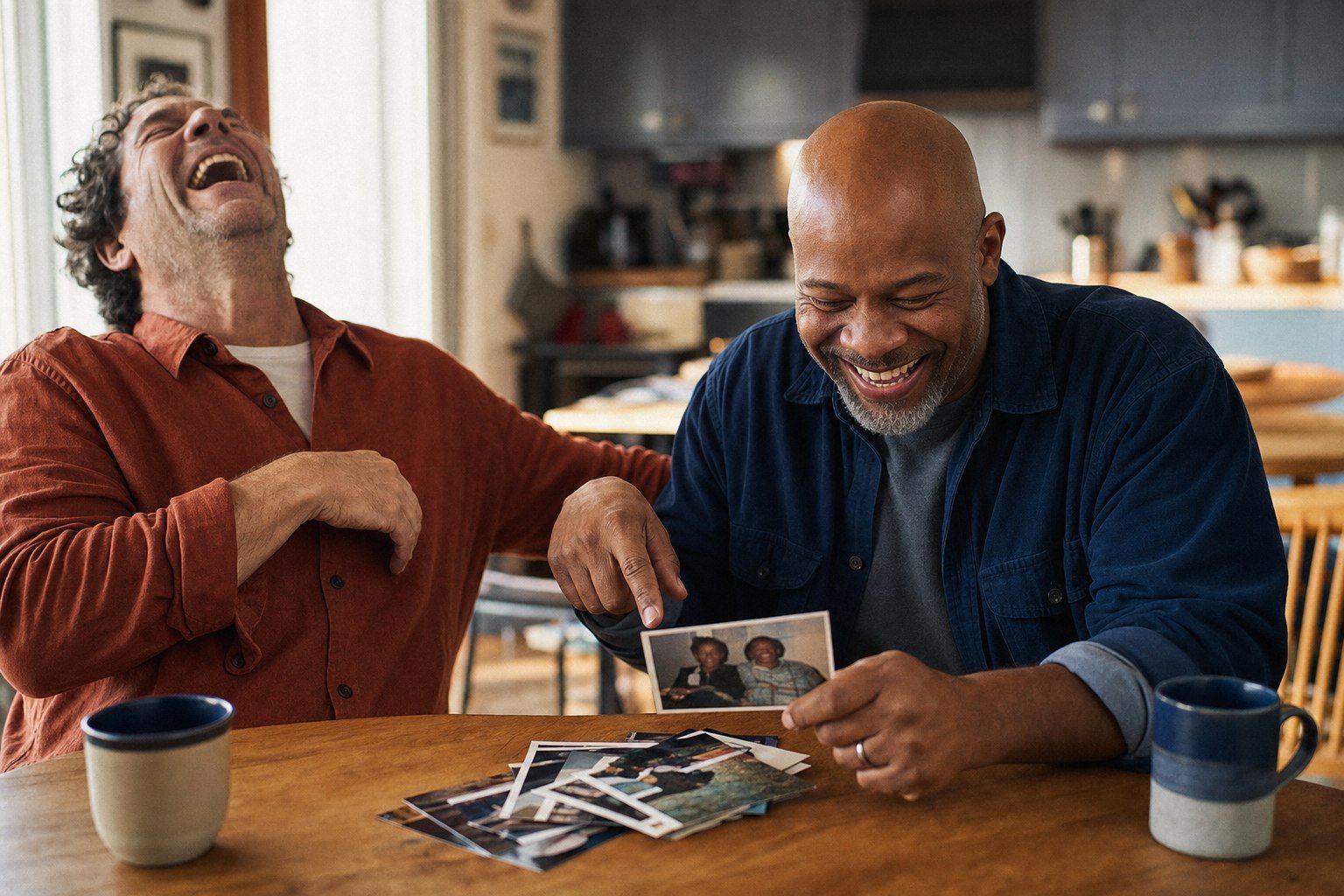 Two longtime friends laughing over old photographs