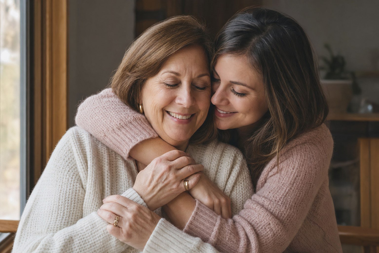 A mother and adult daughter sharing a warm embrace