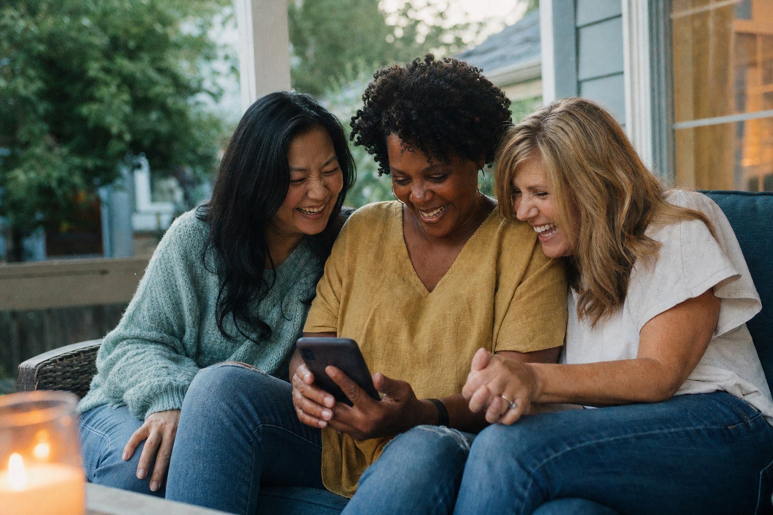 Three longtime friends sharing a joyful memory